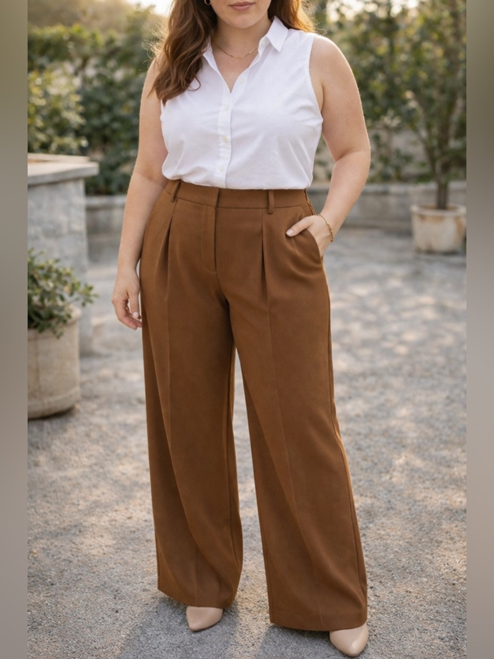 443 Nicole Miller Brown Wide Leg Dress Pant 8 High Rise Minimalist Work Trousers